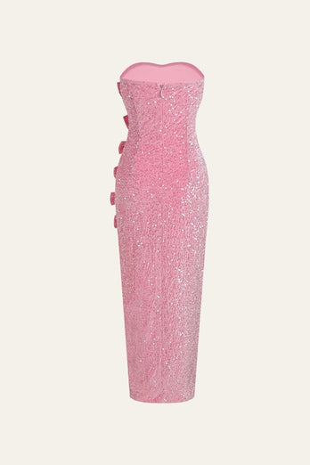 Pink Mermaid Sleeveless Backless Bow sequin Dress with Slit