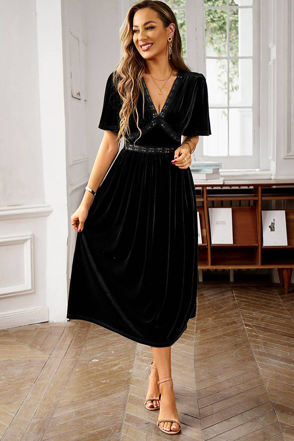 Short sleeve black velvet dress on sale