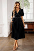 Load image into Gallery viewer, Black A Line V-Neck Velvet Holiday Party Dress With Short Sleeves