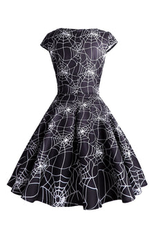 Halloween Spiderweb Black A-line V-neck Dress