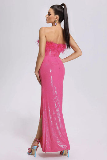 Hot Pink Strapless Sequins Sparkly Prom Dress with Feathers