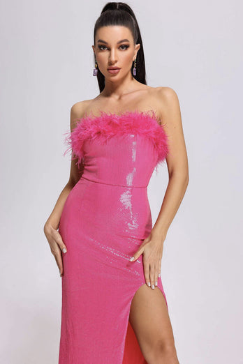 Hot Pink Strapless Sequins Sparkly Prom Dress with Feathers