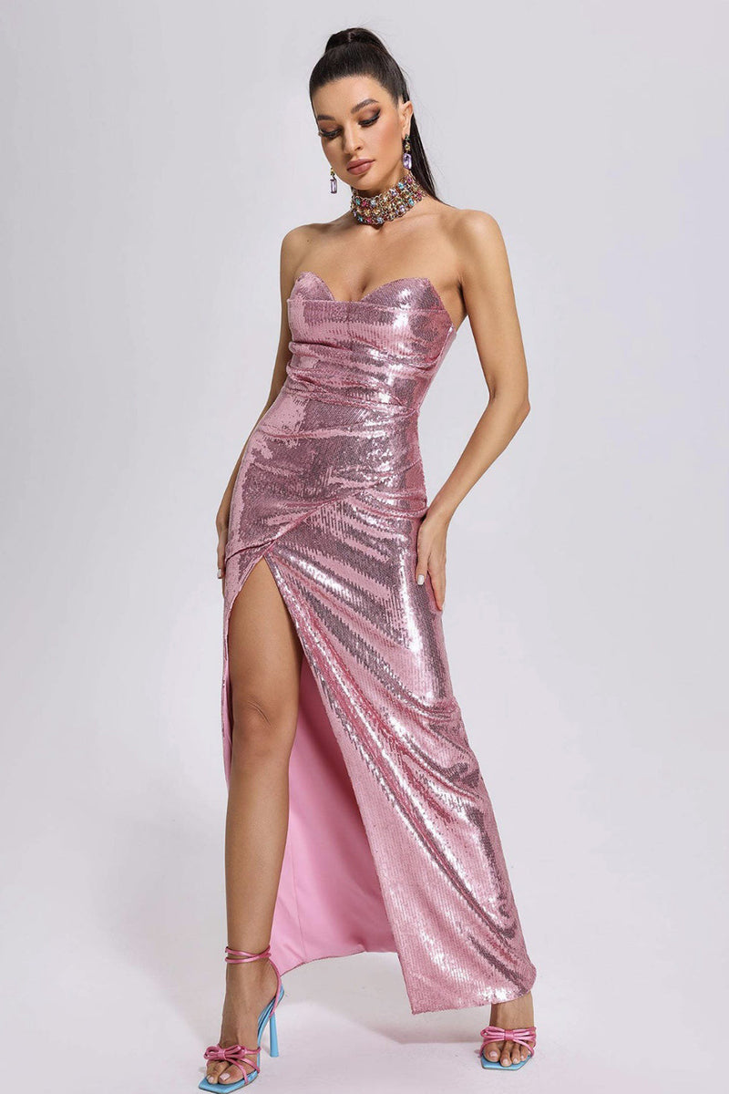Load image into Gallery viewer, Strapless Pink Sequins Party Dress with Pleated