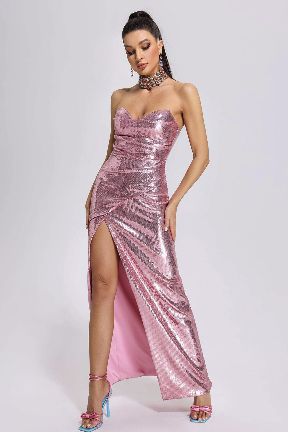 Strapless Pink Sequins Party Dress with Pleated