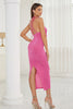 Load image into Gallery viewer, Hot Pink Bodycon Velvet Holiday Party Dress with Flower