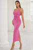 Load image into Gallery viewer, Hot Pink Bodycon Velvet Holiday Party Dress with Flower