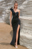 Load image into Gallery viewer, Mermaid One Shoulder Ruffle Black Formal Dress With High Slit
