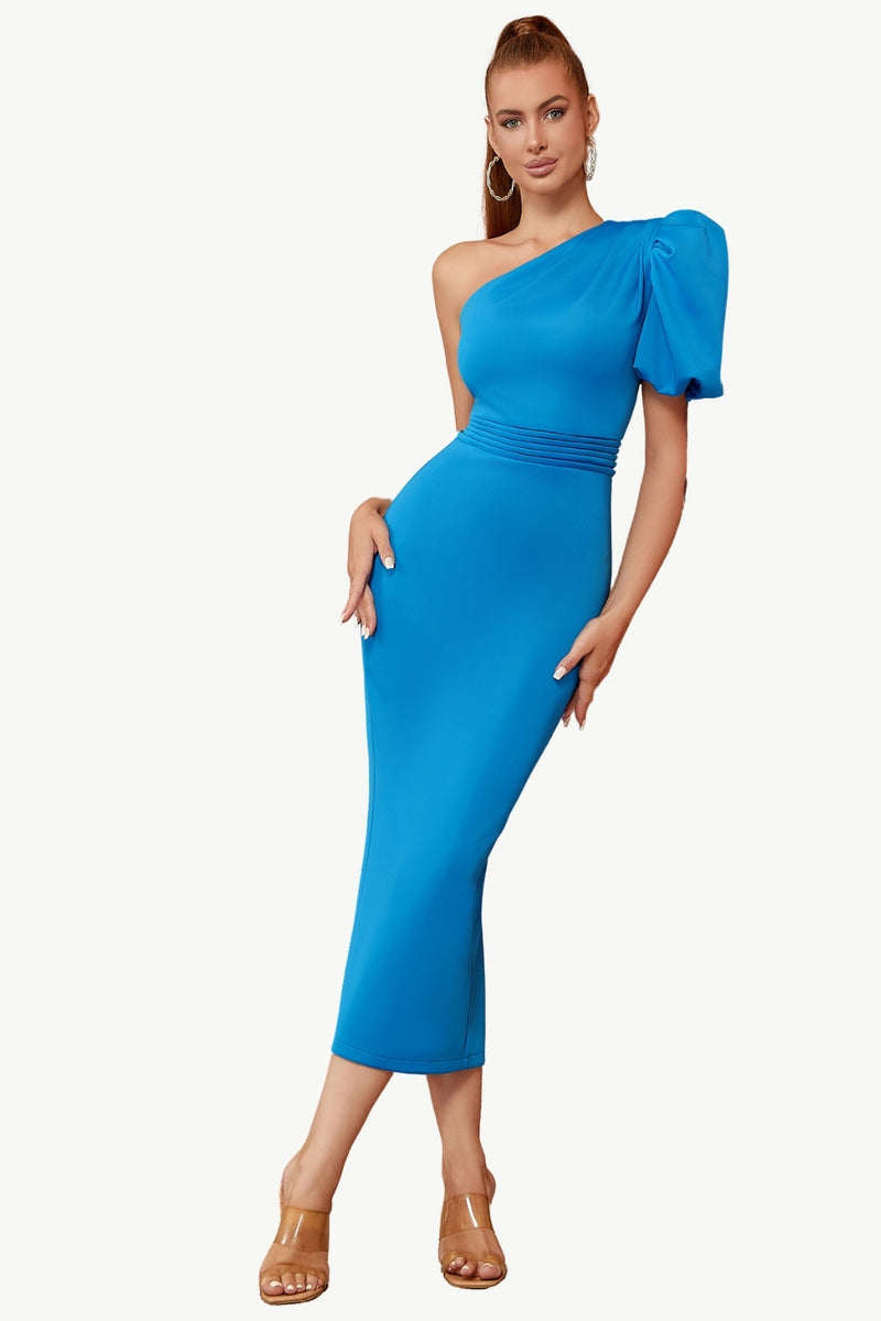Load image into Gallery viewer, Blue One Shoulder Bodycon Party Dress