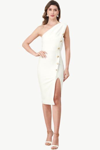 One Shoulder White Bodycon Graduation Dress with Buttons