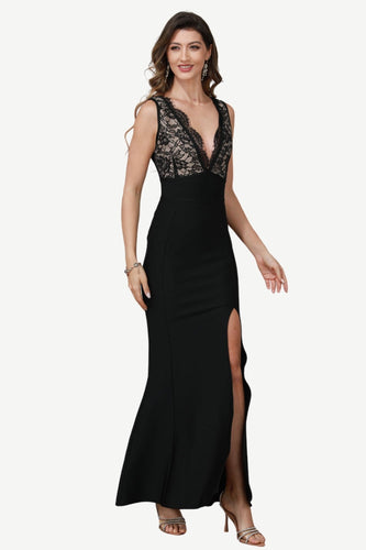 Deep V-Neck Black Formal Dress with Lace