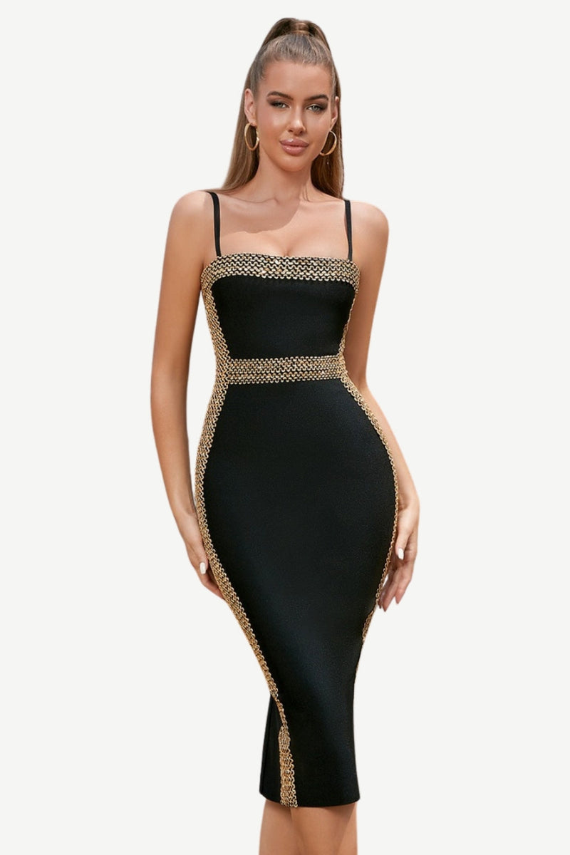 Load image into Gallery viewer, Black Golden Spaghetti Straps Cocktail Dress