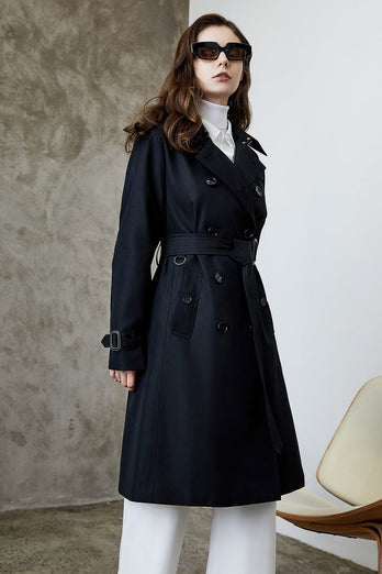 Black Lapel Double Breasted Trench Coat with Belt