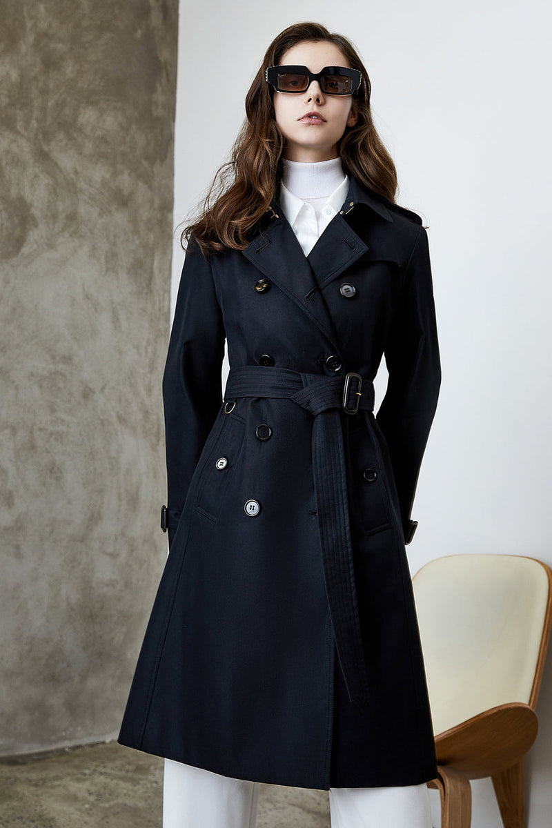 Load image into Gallery viewer, Black Lapel Double Breasted Trench Coat with Belt