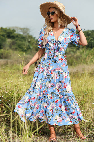 Blue Floral Print Maxi Summer Dress