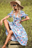 Blue Floral Print Maxi Summer Dress