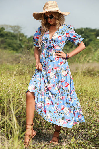 Blue Floral Print Maxi Summer Dress