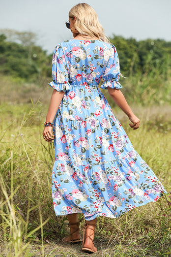 Blue Floral Print Maxi Summer Dress