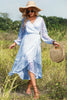 Load image into Gallery viewer, Blue Wrap Summer Dress with Long Sleeves