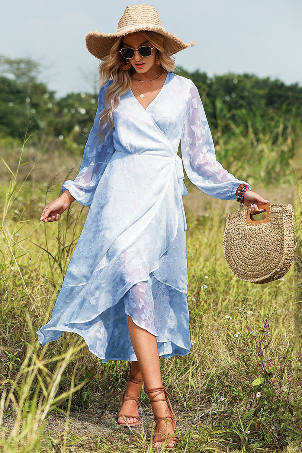 Blue Wrap Summer Dress with Long Sleeves