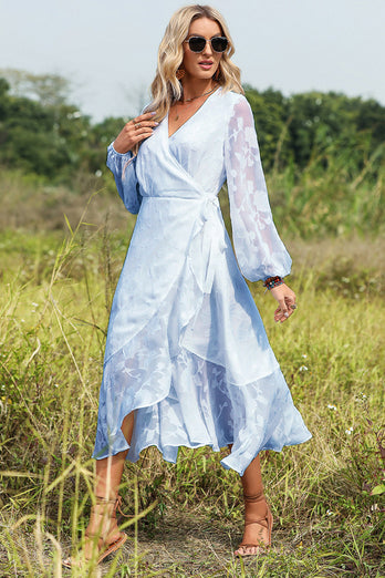 Blue Wrap Summer Dress with Long Sleeves