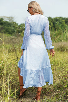 Blue Wrap Summer Dress with Long Sleeves