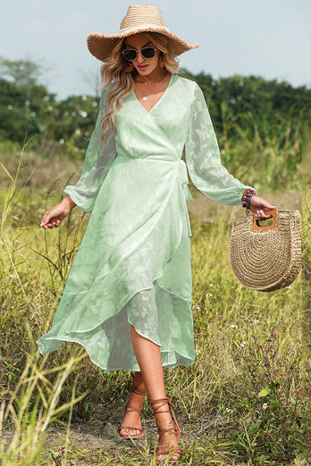 Blue Wrap Summer Dress with Long Sleeves