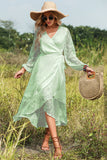 Blue Wrap Summer Dress with Long Sleeves