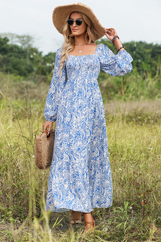 Blue Print Long Sleeves Summer Dress