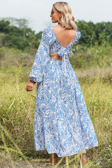 Blue Print Long Sleeves Summer Dress