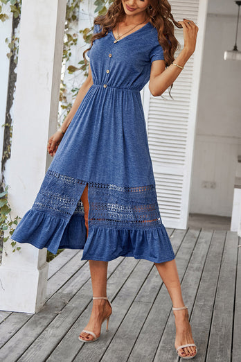 A Line V-neck Blue Summer Dress with Slit