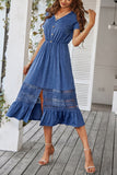 A Line V-neck Blue Summer Dress with Slit