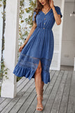 A Line V-neck Blue Summer Dress with Slit