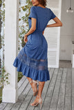 A Line V-neck Blue Summer Dress with Slit