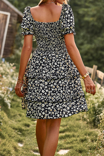 Off the Shoulder Black Floral Print Summer Dress