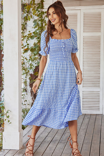 Blue Plaid Maxi Summer Dress
