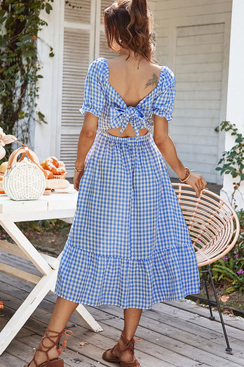 Blue Plaid Maxi Summer Dress