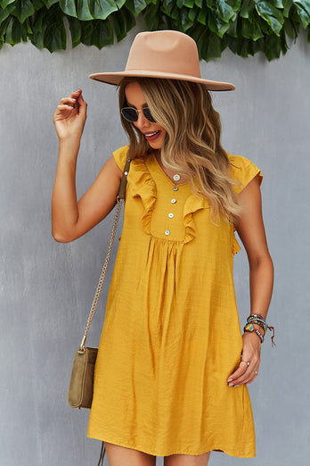 Yellow Button Boho Summer Dress with Ruffles