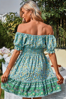 Off the Shoulder Tie Print Green Summer Dress