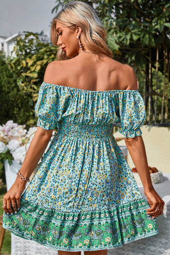 Off the Shoulder Tie Print Green Summer Dress