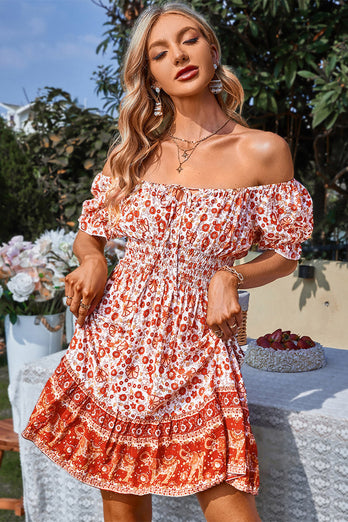 Off the Shoulder Tie Print Green Summer Dress