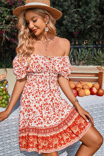 Off the Shoulder Tie Print Green Summer Dress