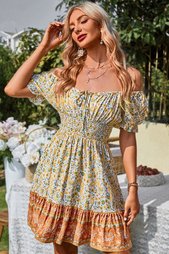 Off the Shoulder Tie Print Green Summer Dress