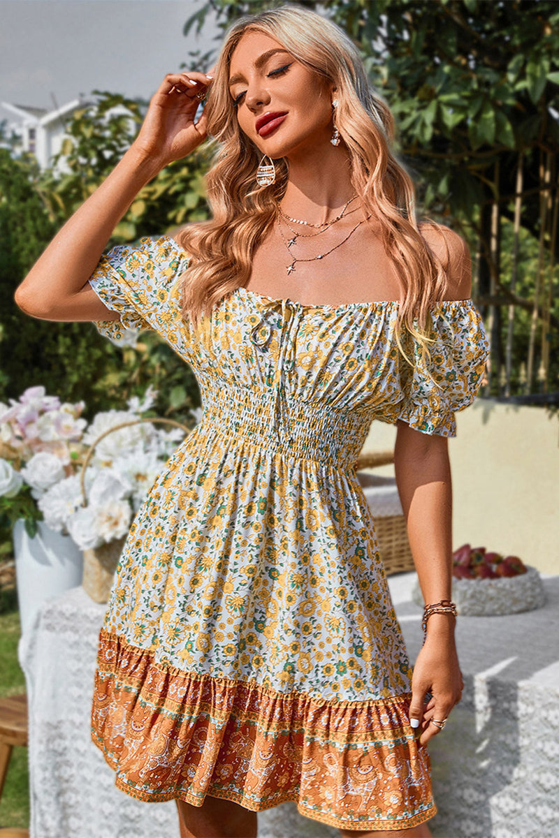 Load image into Gallery viewer, Off the Shoulder Tie Print Green Summer Dress