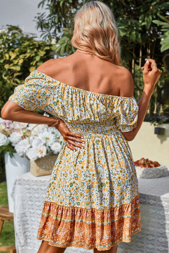 Off the Shoulder Tie Print Green Summer Dress