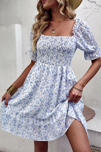 Square Neck Blue Flower Floral Printed Summer Dress