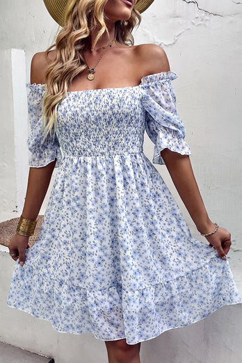 Square Neck Blue Flower Floral Printed Summer Dress