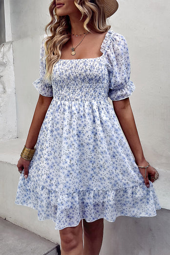 Square Neck Blue Flower Floral Printed Summer Dress