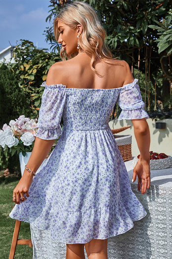 Square Neck Blue Flower Floral Printed Summer Dress