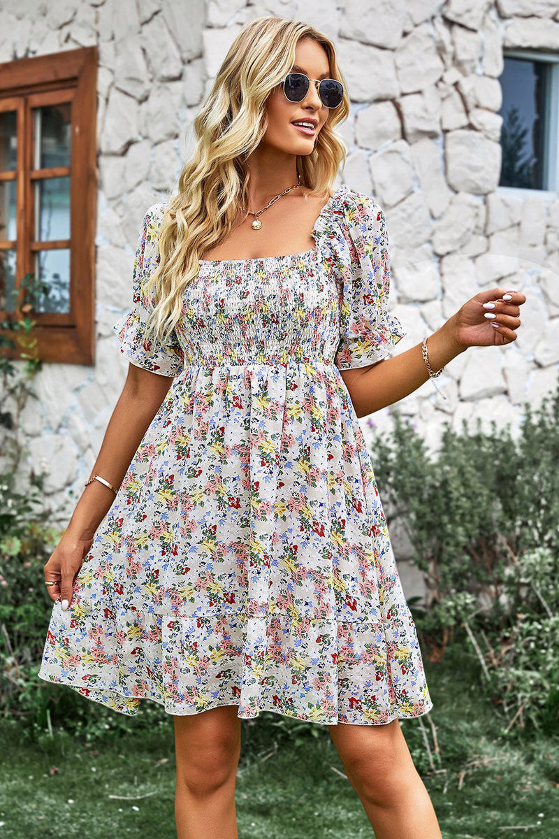 Load image into Gallery viewer, Square Neck Floral Printed Apricot Summer Dress with Short Sleeves