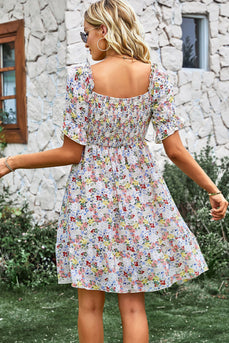 Square Neck Floral Printed Apricot Summer Dress with Short Sleeves